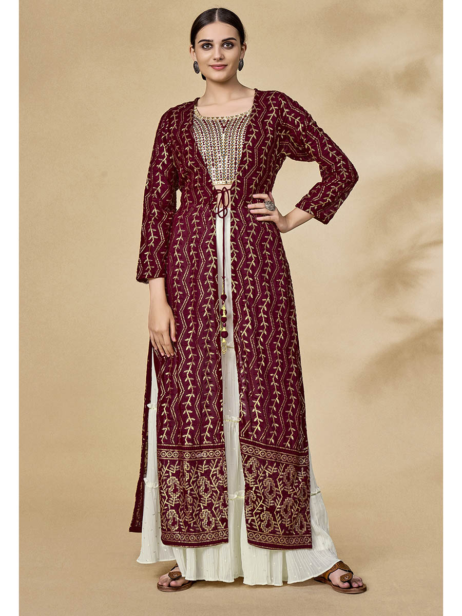 Myra Maroon Jacket Style Sharara Suit | Grocsy