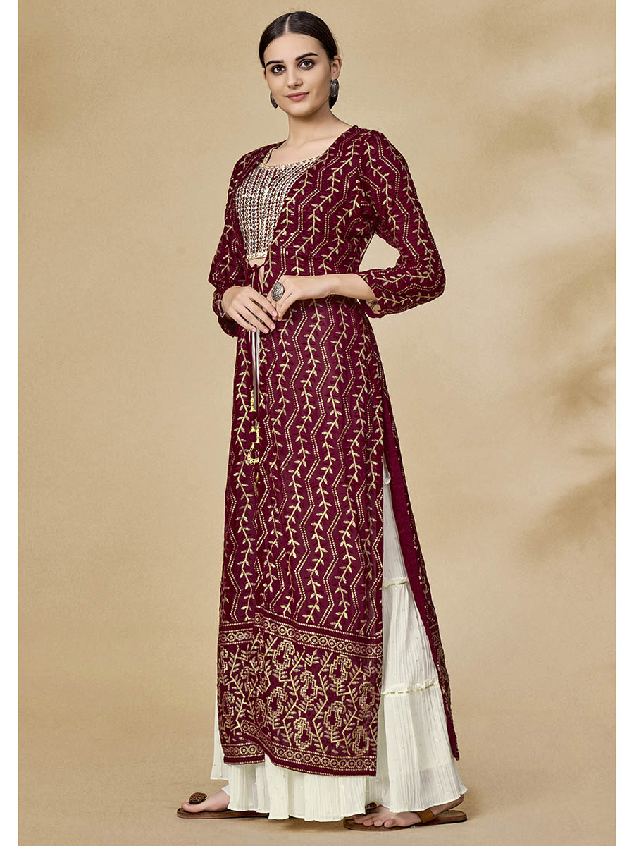 Myra Maroon Jacket Style Sharara Suit | Grocsy