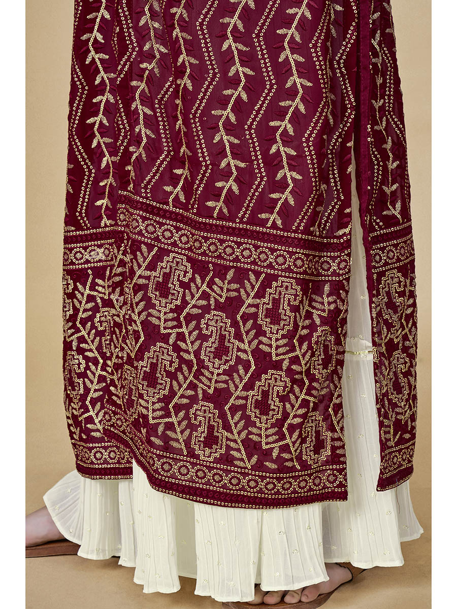 Myra Maroon Jacket Style Sharara Suit | Grocsy
