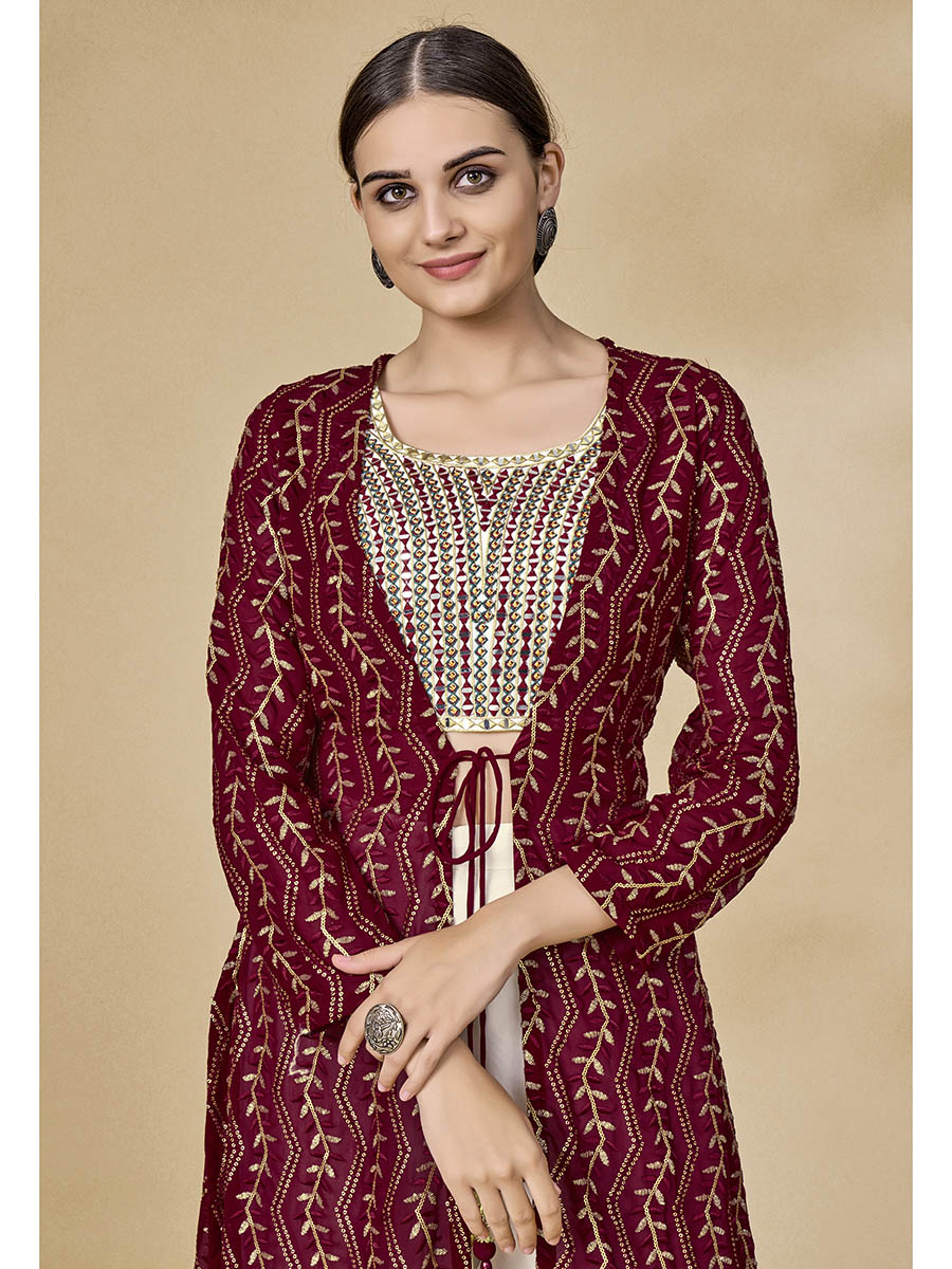 Myra Maroon Jacket Style Sharara Suit | Grocsy