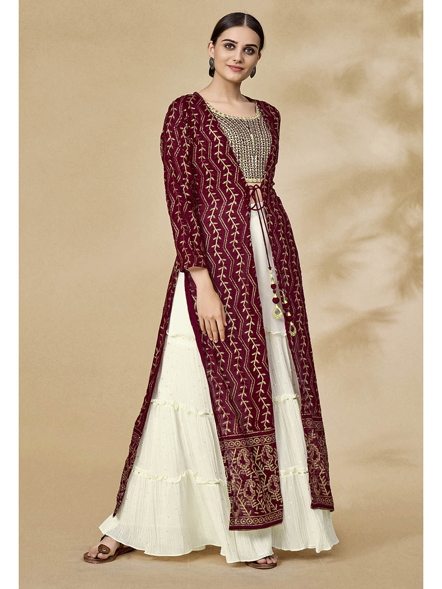 Myra Maroon Jacket Style Sharara Suit | Grocsy