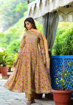 Yufta Women Yellow Floral Printed Pure Cotton Anarkali Kurta with Trouser & With Dupatta | Grocsy