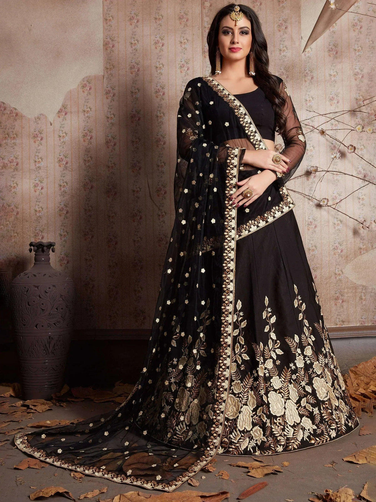 Tulsi Art Black Embroidered Crepe Silk Lehenga Choli | Grocsy