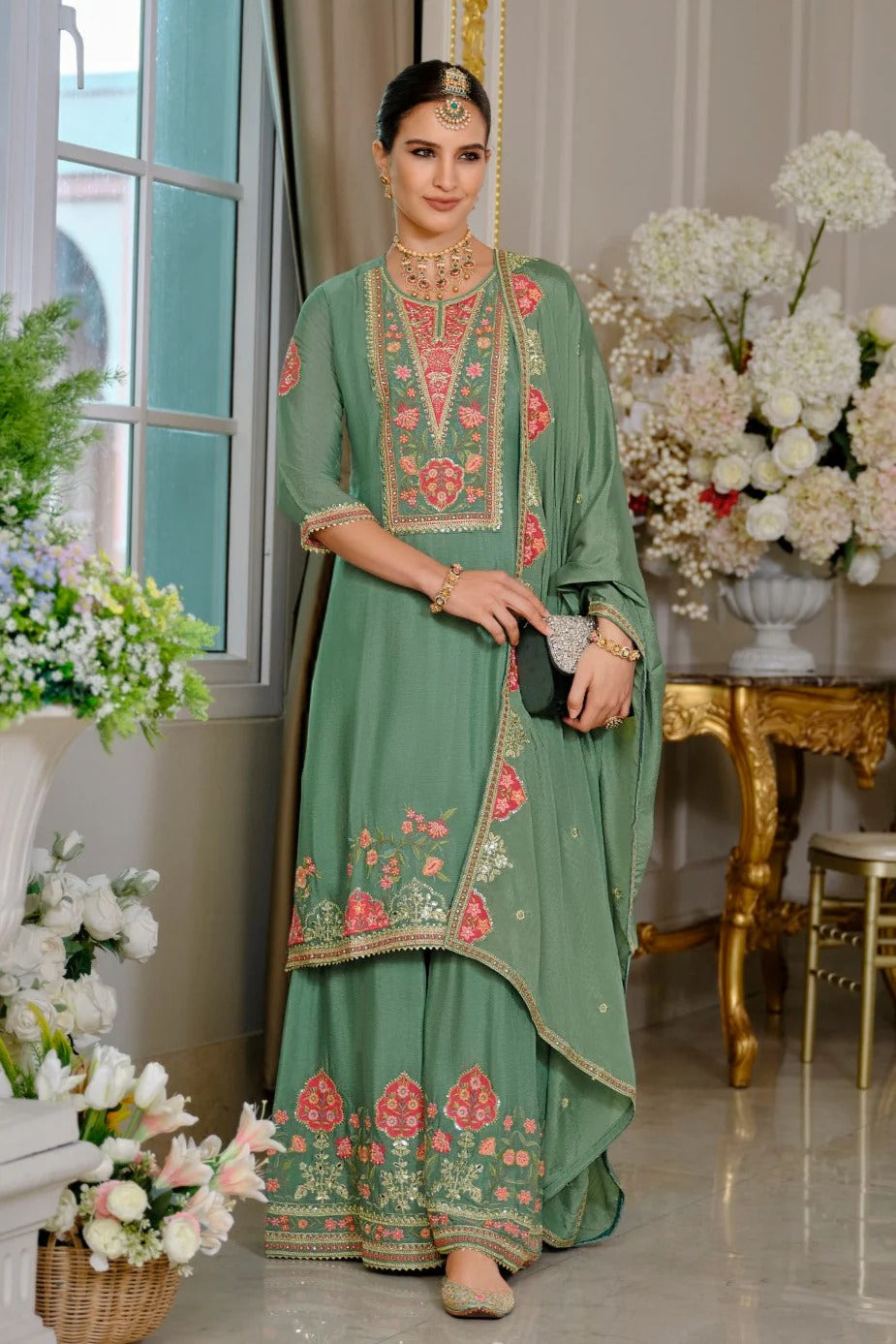 Evanik Luxury Wedding Sea Green Embroidered Kurta Palazzo Set | Grocsy