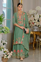Evanik Luxury Wedding Sea Green Embroidered Kurta Palazzo Set | Grocsy