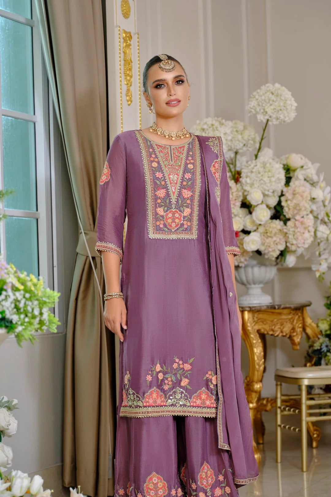 Evanik Luxury Wedding Lavender Embroidered Kurta Palazzo Set | Grocsy