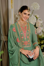 Evanik Luxury Wedding Sea Green Embroidered Kurta Palazzo Set | Grocsy