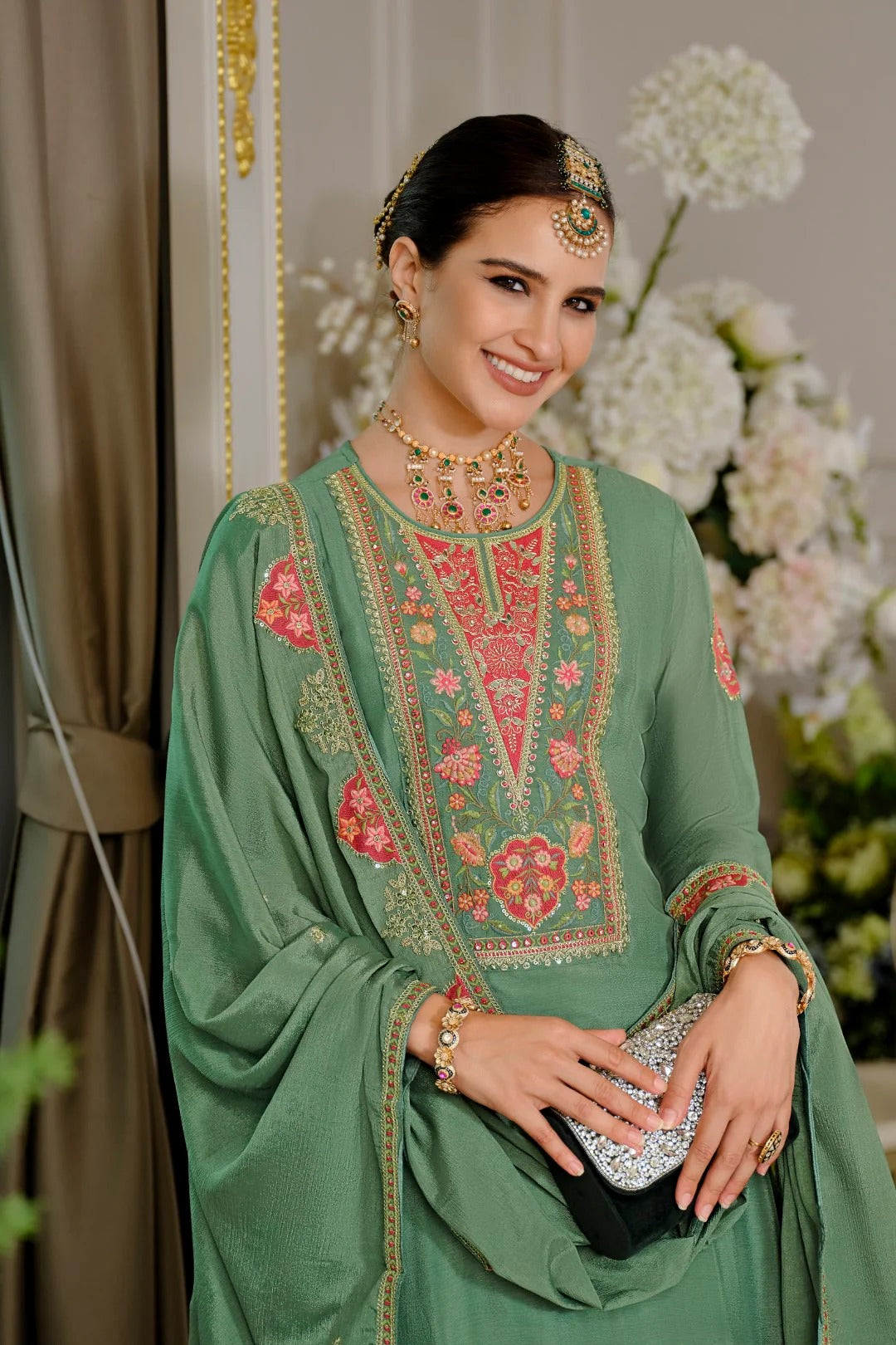 Evanik Luxury Wedding Sea Green Embroidered Kurta Palazzo Set | Grocsy