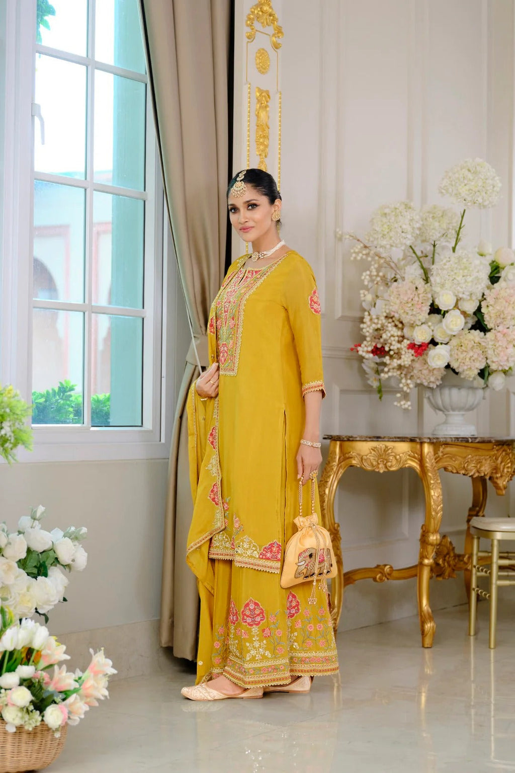 Evanik Luxury Wedding Yellow Embroidered Kurta Palazzo Set | Grocsy