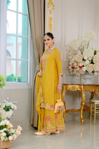 Evanik Luxury Wedding Yellow Embroidered Kurta Palazzo Set | Grocsy