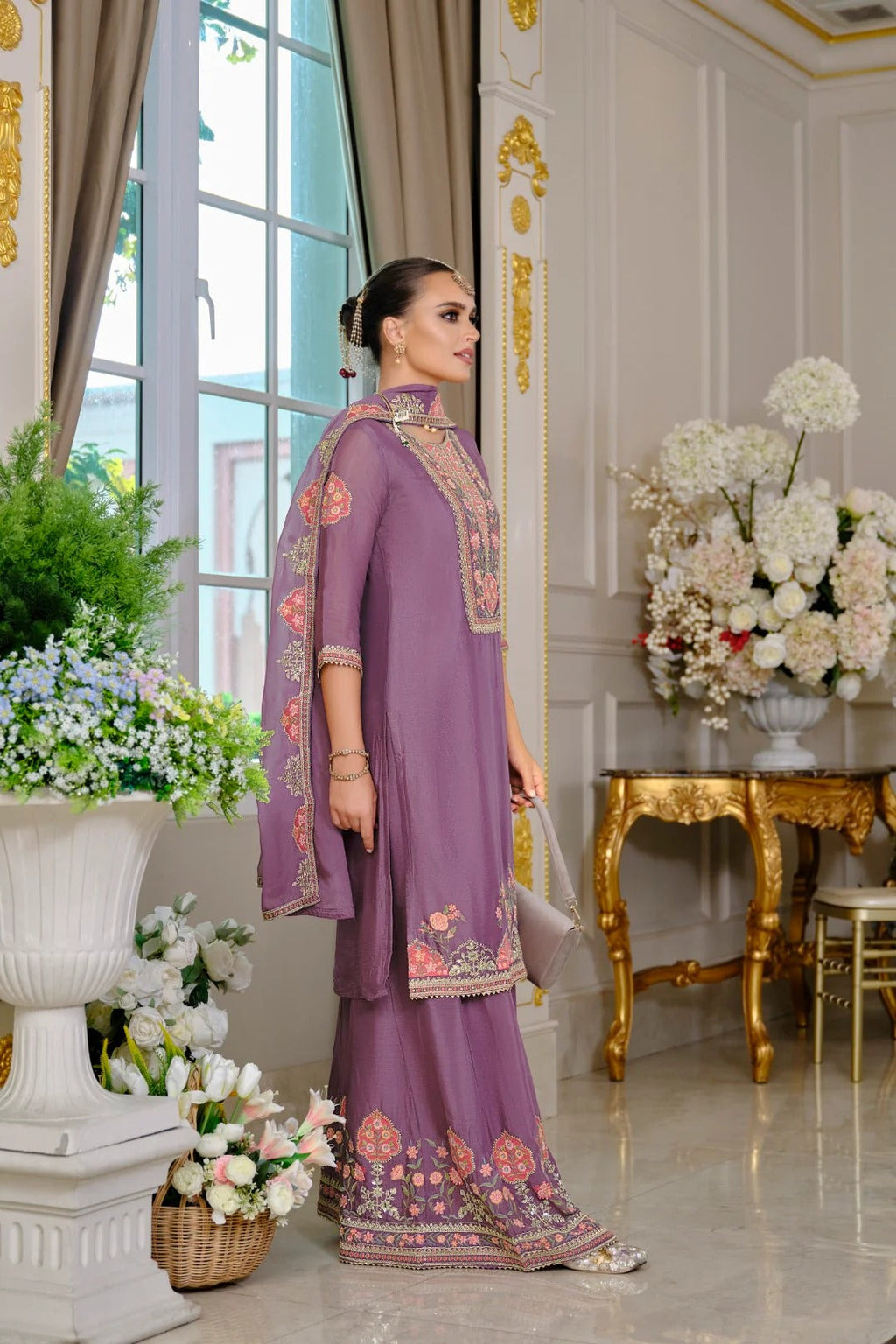 Evanik Luxury Wedding Lavender Embroidered Kurta Palazzo Set | Grocsy