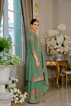 Evanik Luxury Wedding Sea Green Embroidered Kurta Palazzo Set | Grocsy