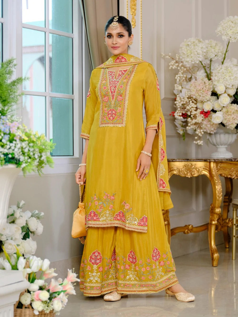 Evanik Luxury Wedding Yellow Embroidered Kurta Palazzo Set | Grocsy