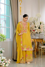 Evanik Luxury Wedding Yellow Embroidered Kurta Palazzo Set | Grocsy