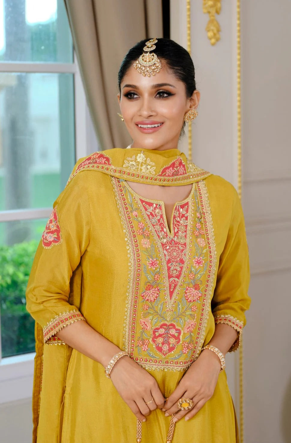 Evanik Luxury Wedding Yellow Embroidered Kurta Palazzo Set | Grocsy