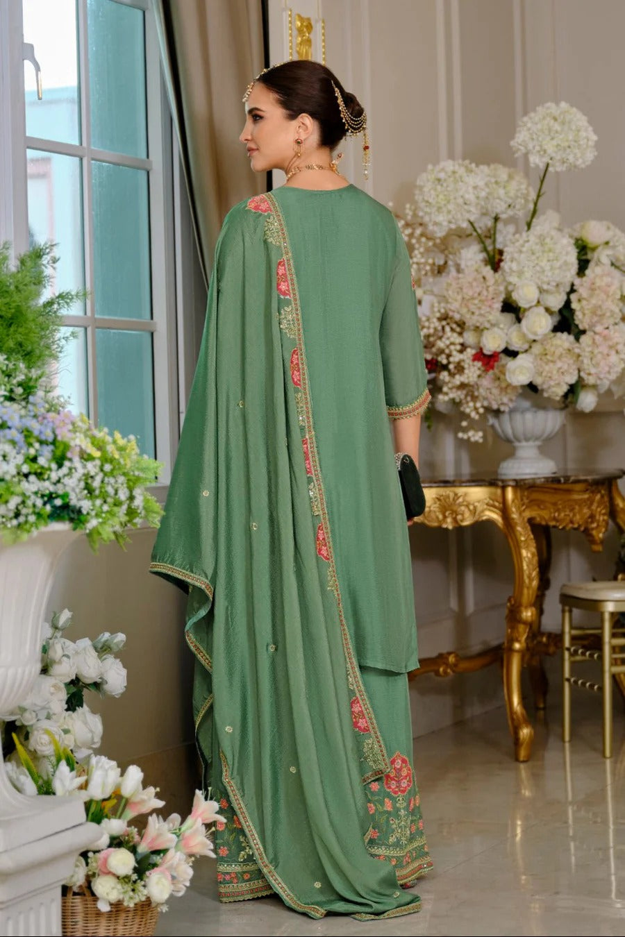 Evanik Luxury Wedding Sea Green Embroidered Kurta Palazzo Set | Grocsy