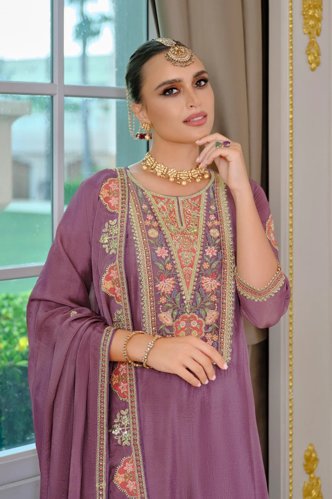 Evanik Luxury Wedding Lavender Embroidered Kurta Palazzo Set | Grocsy