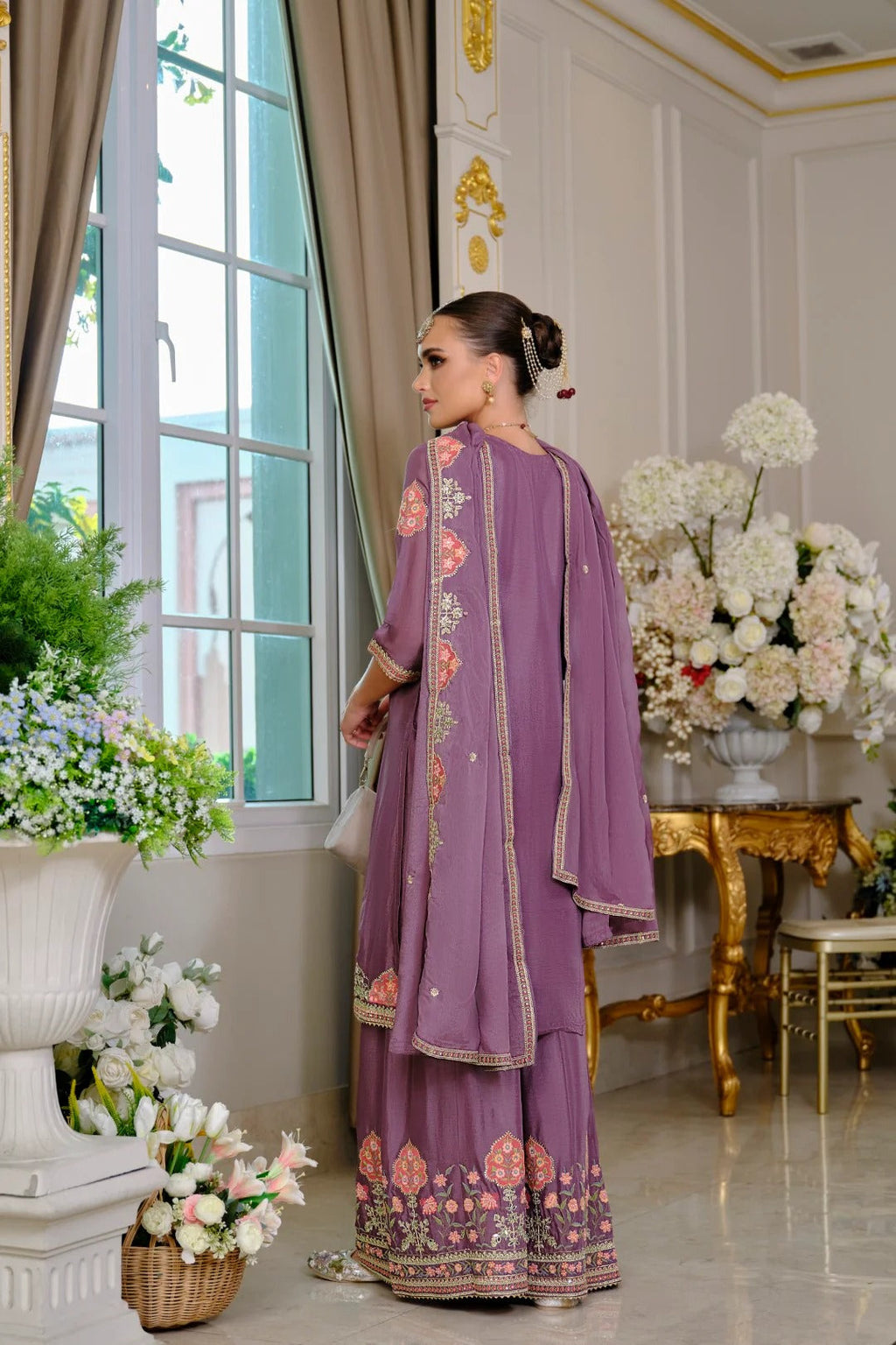 Evanik Luxury Wedding Lavender Embroidered Kurta Palazzo Set | Grocsy