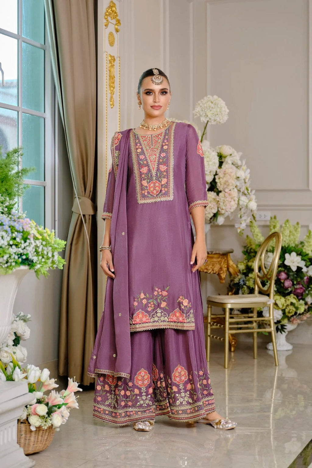 Evanik Luxury Wedding Lavender Embroidered Kurta Palazzo Set | Grocsy