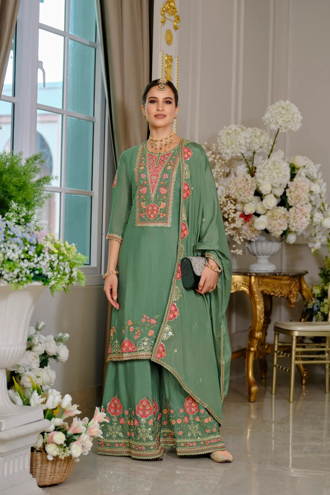 Evanik Luxury Wedding Sea Green Embroidered Kurta Palazzo Set | Grocsy