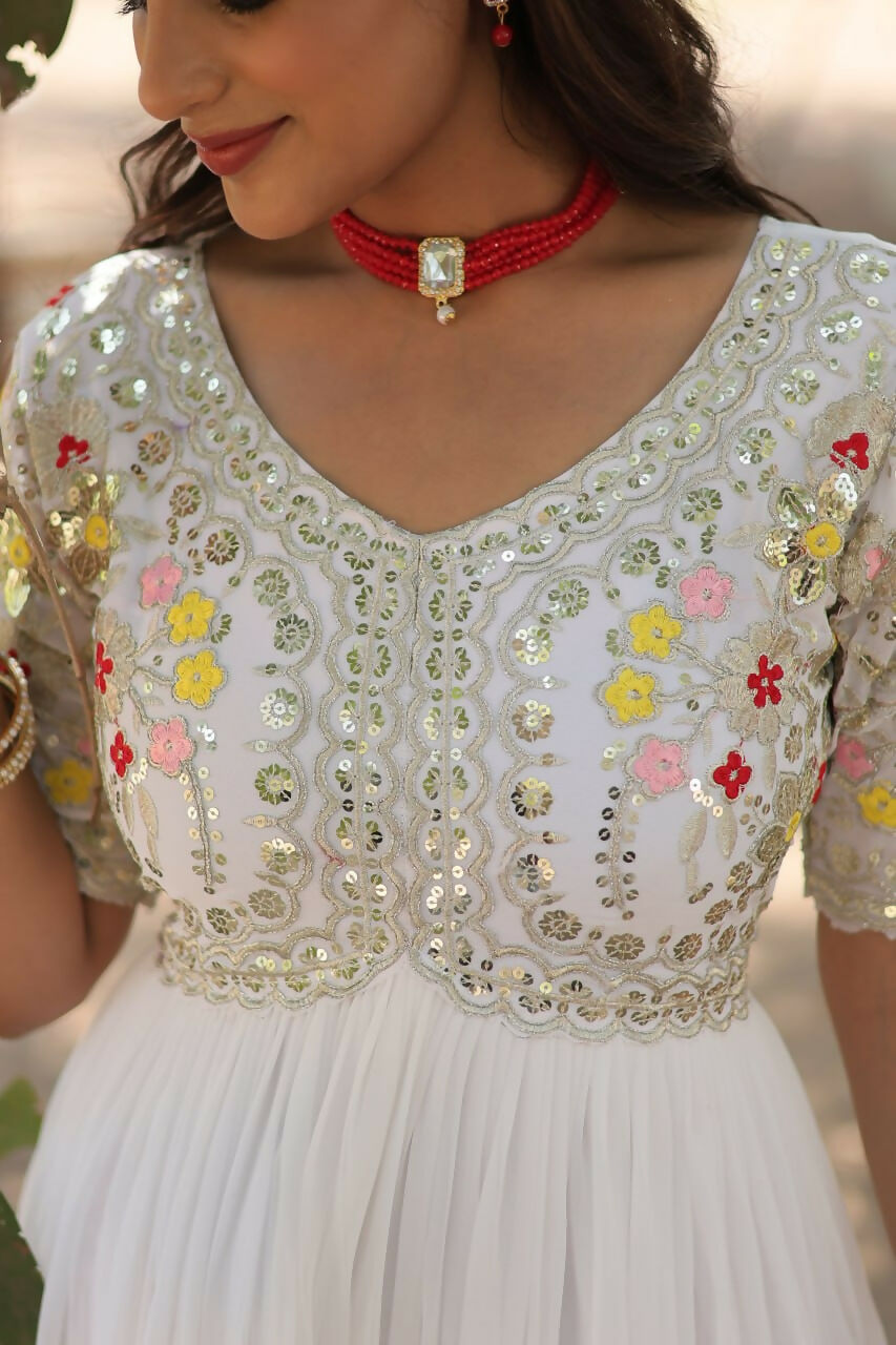 Vastranavya Faux Blooming with Embroidery Zari Sequins-work Gown - White | Grocsy