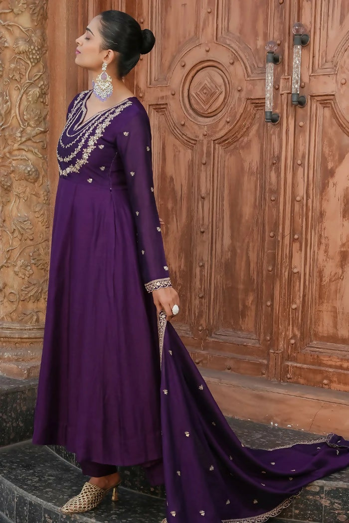 The52 Wine Women's Gorgeous Vichitra Silk Fabric Embroidered Work Flared Anarkali Pant and Dupatta Set | Grocsy