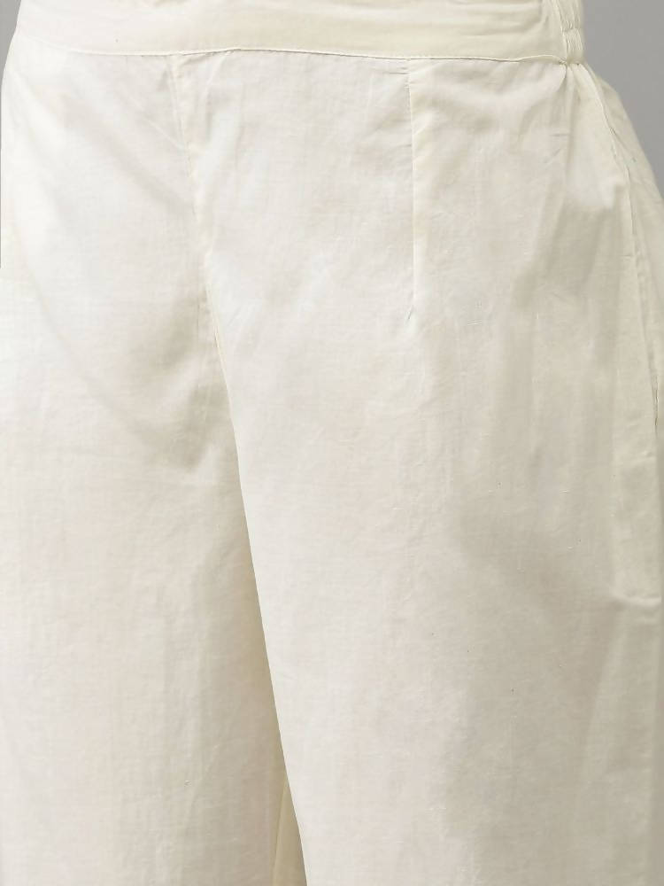 Yufta Women Cream-Embroidered Pure Cotton A-line Kurta with Trouser and Dupatta | Grocsy