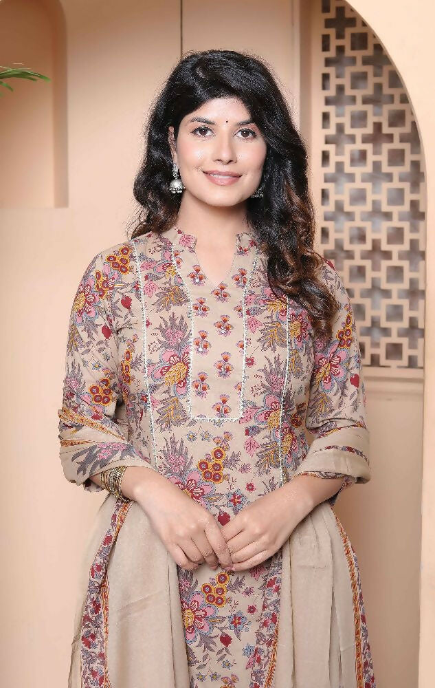 Miravan Womens Multicolor Floral Printed Pure Cotton Kurta And Palazzo With Dupatta Set | Grocsy