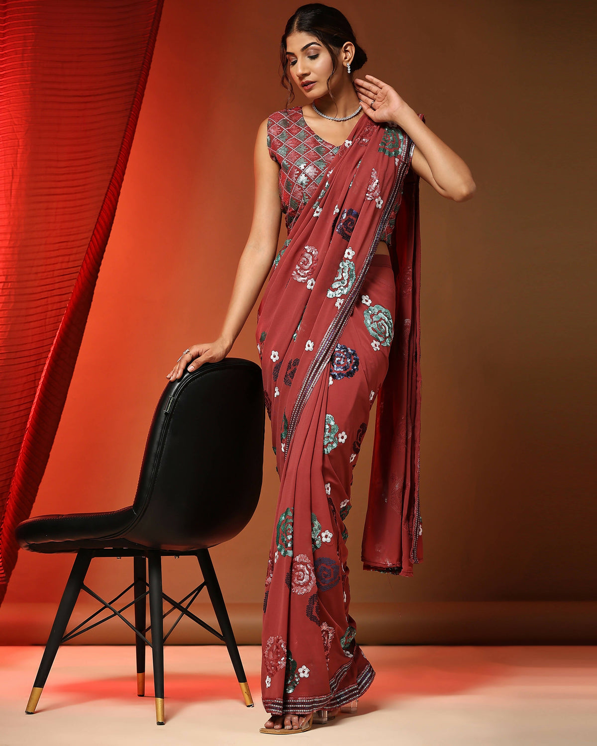 Peach Pure Georgette Sequence work Ready to wear Saree with stitched Blouse - Nirvana | Grocsy