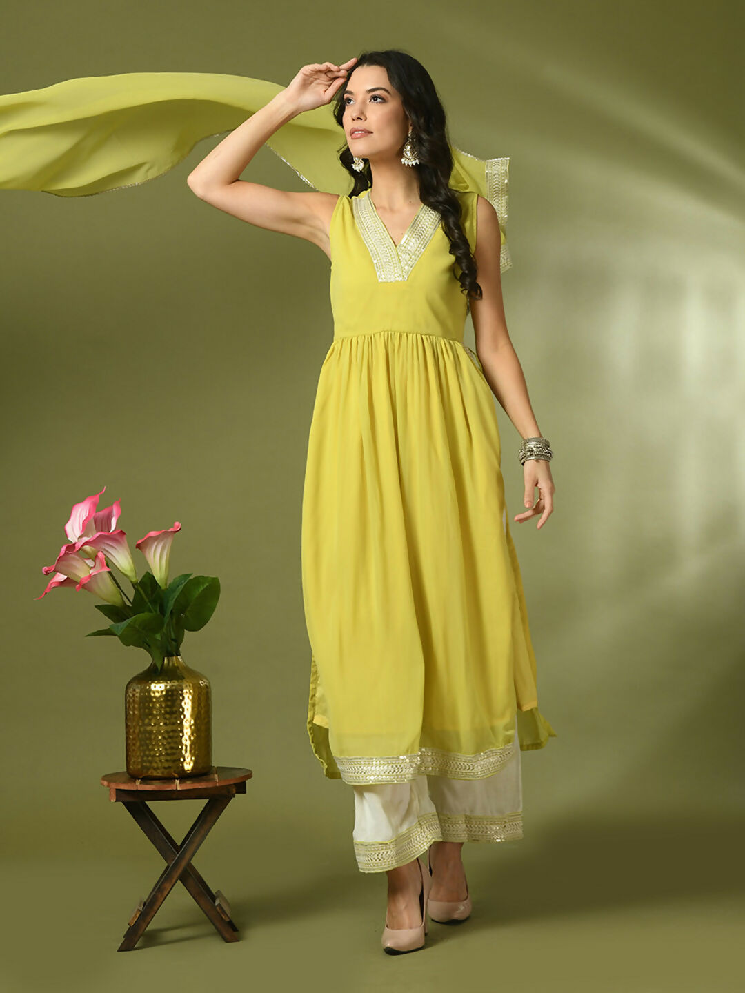 Myshka Women's Yellow Solid Georgette Anarkali Party Kurta Set With Dupatta | Grocsy