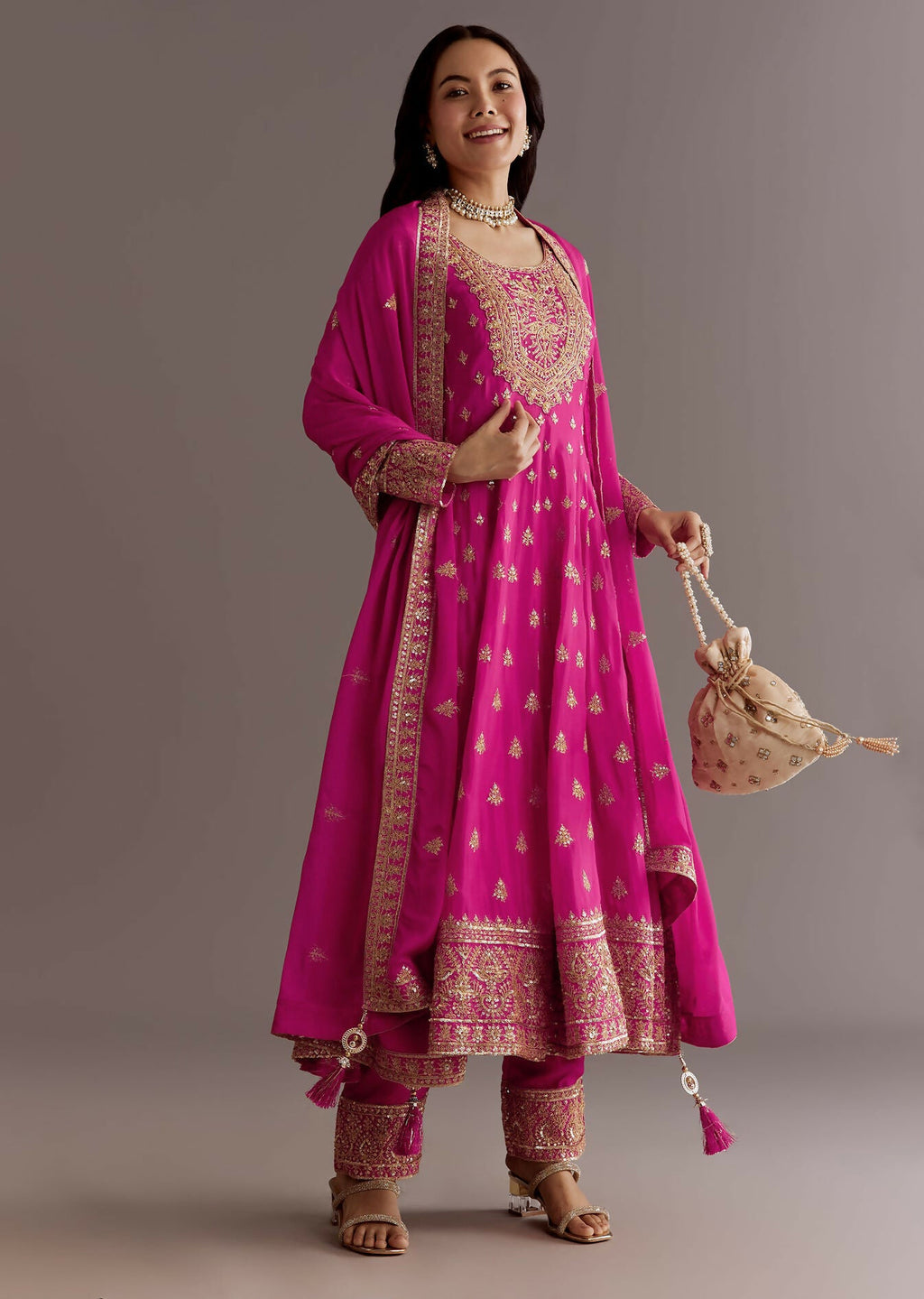 Teeya Creation Pink Color Chinnon Silk Embroidery Work Gown | Grocsy