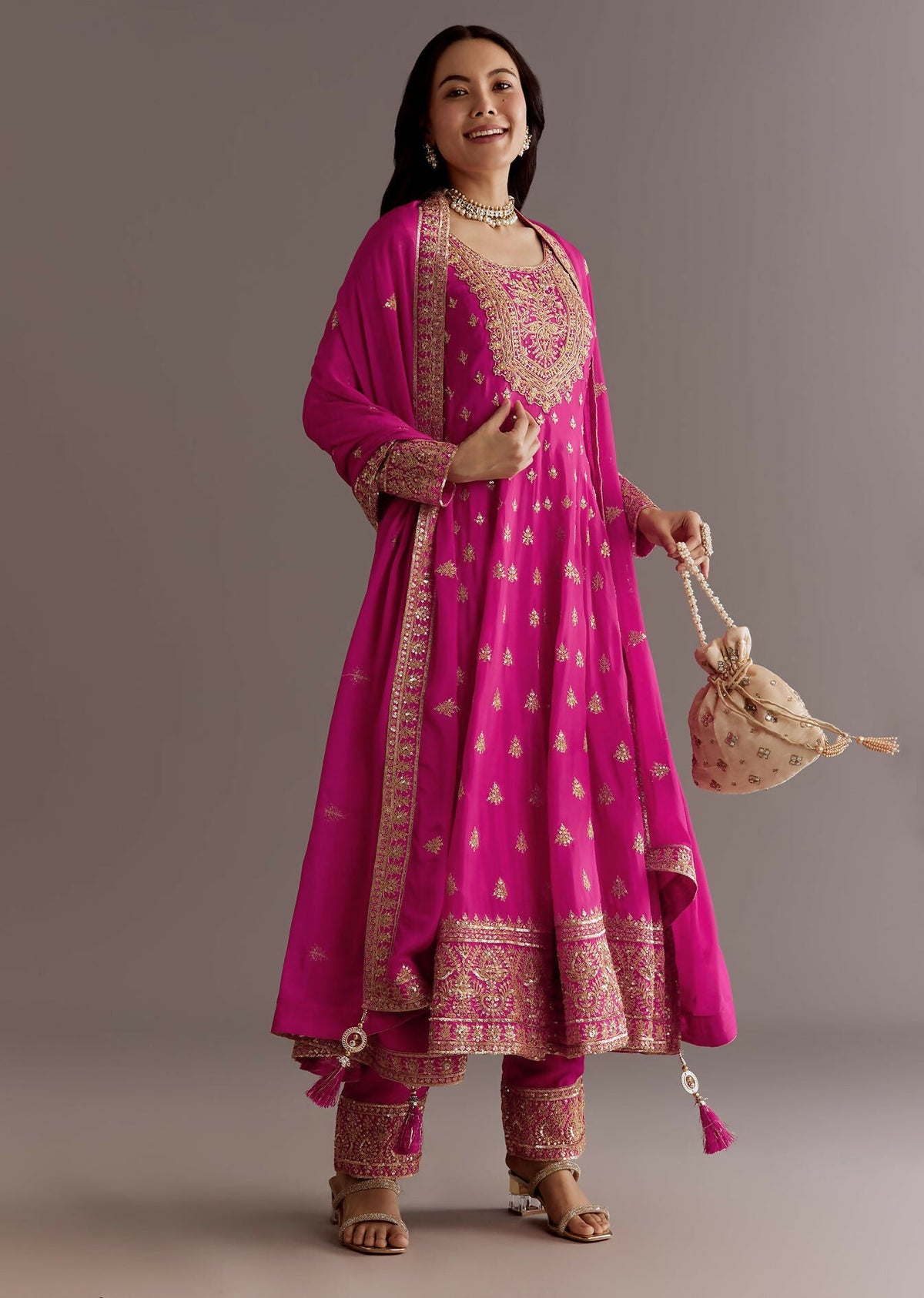 Teeya Creation Pink Color Chinnon Silk Embroidery Work Gown | Grocsy
