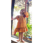 Mhyssa Half Frill Sleeves Square Neck Yellow Block Printed Frock | Grocsy