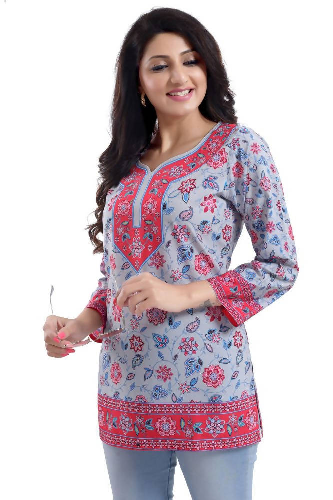 Snehal Creations Ash Gray Faux Crepe Short Kurti Tunic | Grocsy