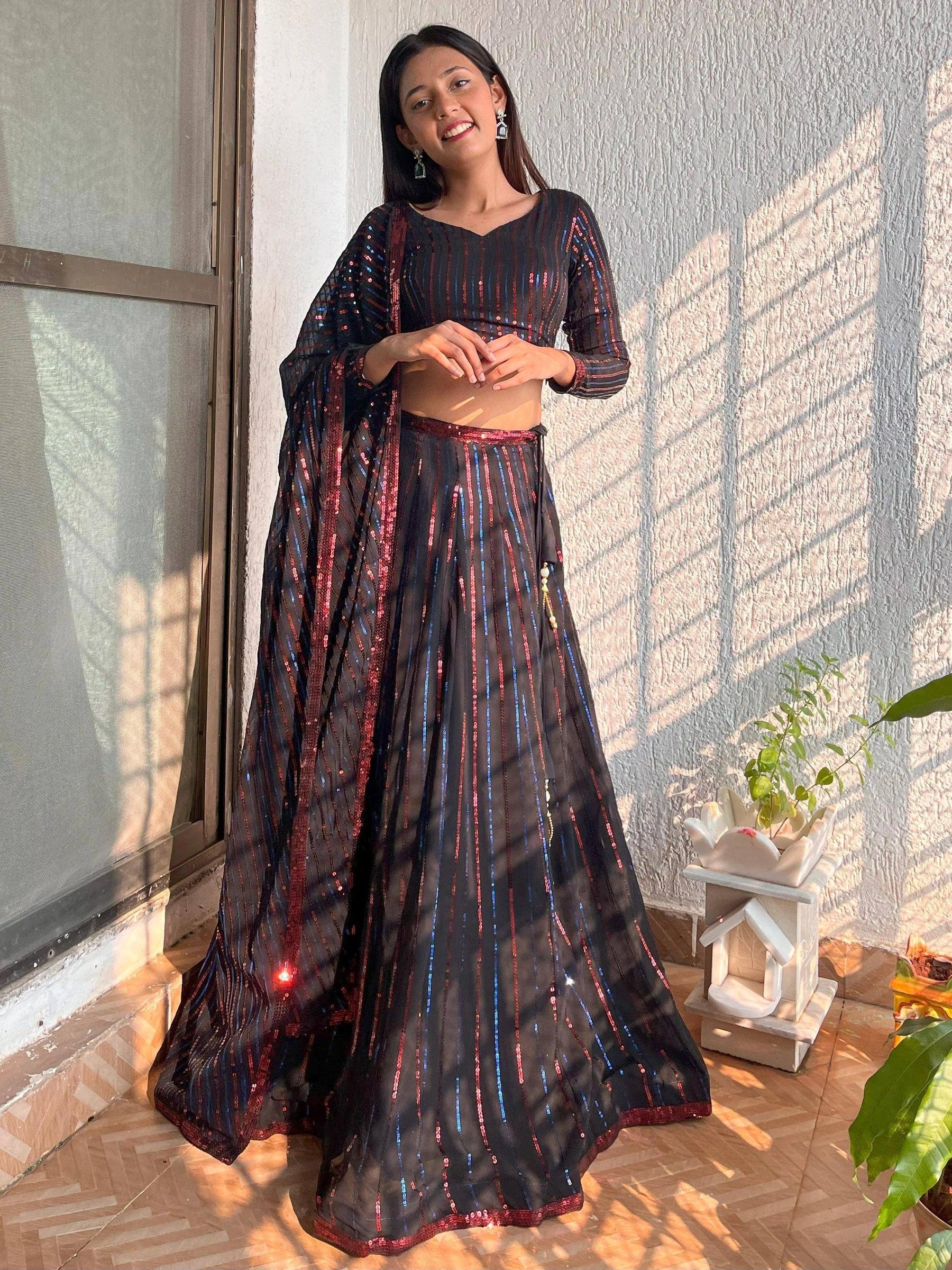Tulsi Art Incredible Black Sequins Georgette Party Wear Lehenga Choli | Grocsy