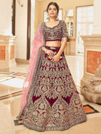 Tulsi Art Incredible Maroon Embroidered Velvet Bridal Wear Lehenga Choli | Grocsy