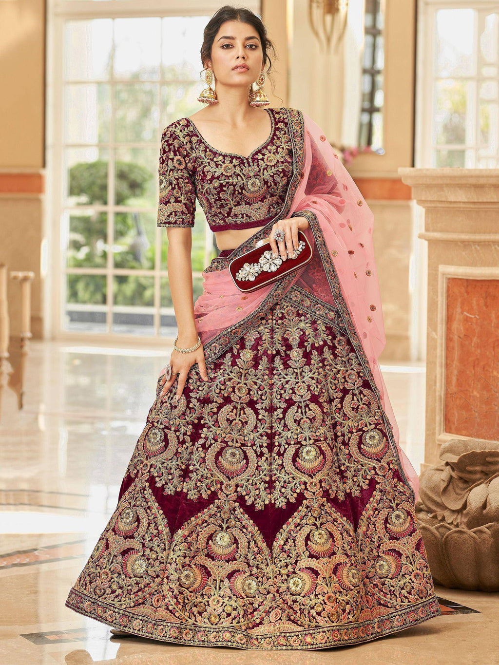 Tulsi Art Incredible Maroon Embroidered Velvet Bridal Wear Lehenga Choli | Grocsy