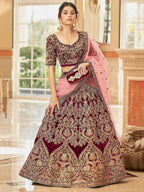 Tulsi Art Incredible Maroon Embroidered Velvet Bridal Wear Lehenga Choli | Grocsy