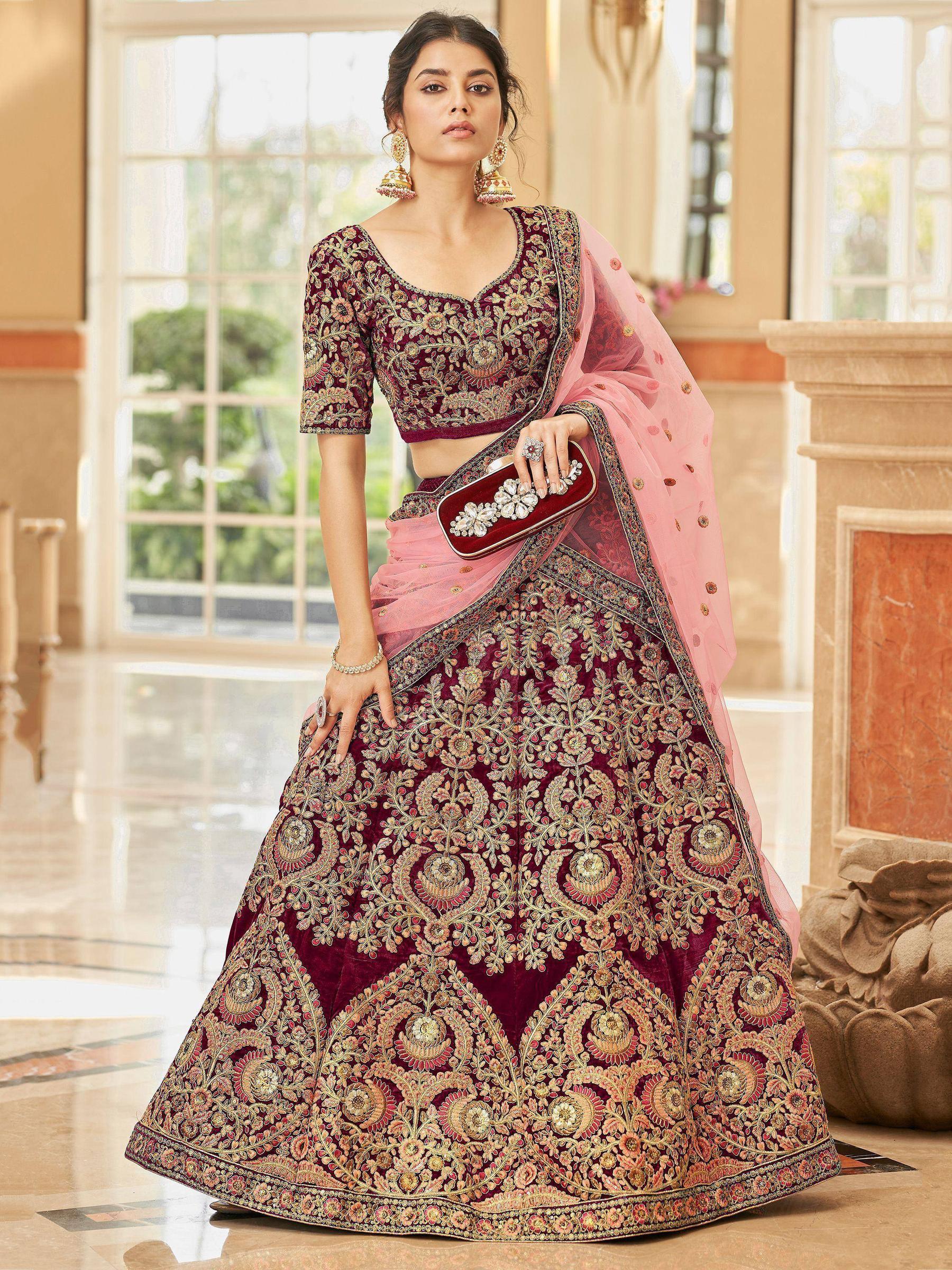 Tulsi Art Incredible Maroon Embroidered Velvet Bridal Wear Lehenga Choli | Grocsy