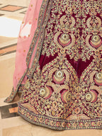 Tulsi Art Incredible Maroon Embroidered Velvet Bridal Wear Lehenga Choli | Grocsy
