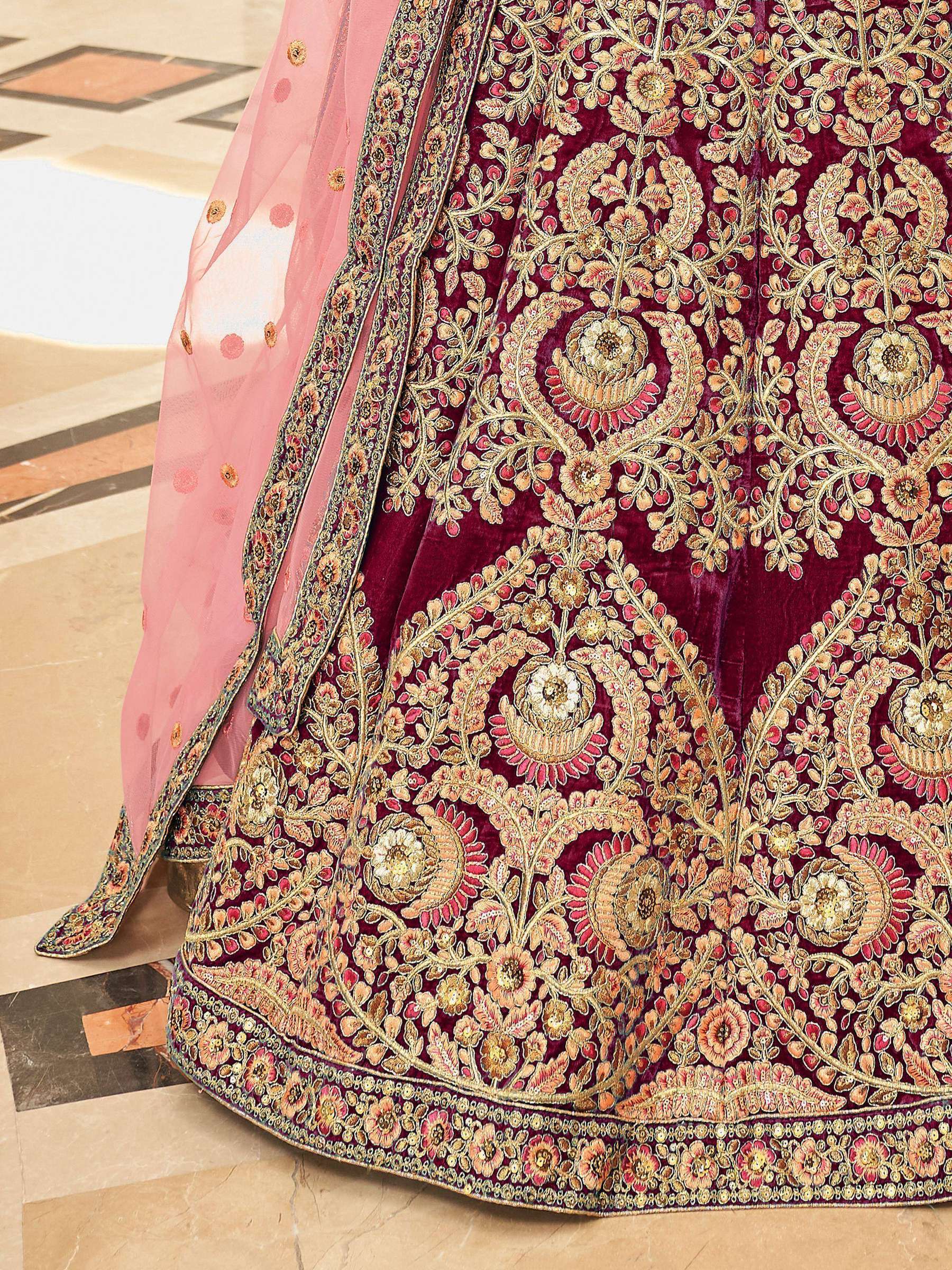 Tulsi Art Incredible Maroon Embroidered Velvet Bridal Wear Lehenga Choli | Grocsy
