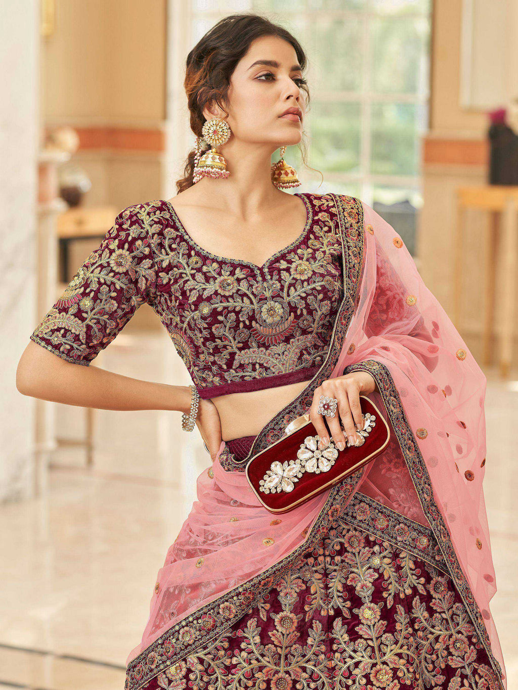 Tulsi Art Incredible Maroon Embroidered Velvet Bridal Wear Lehenga Choli | Grocsy