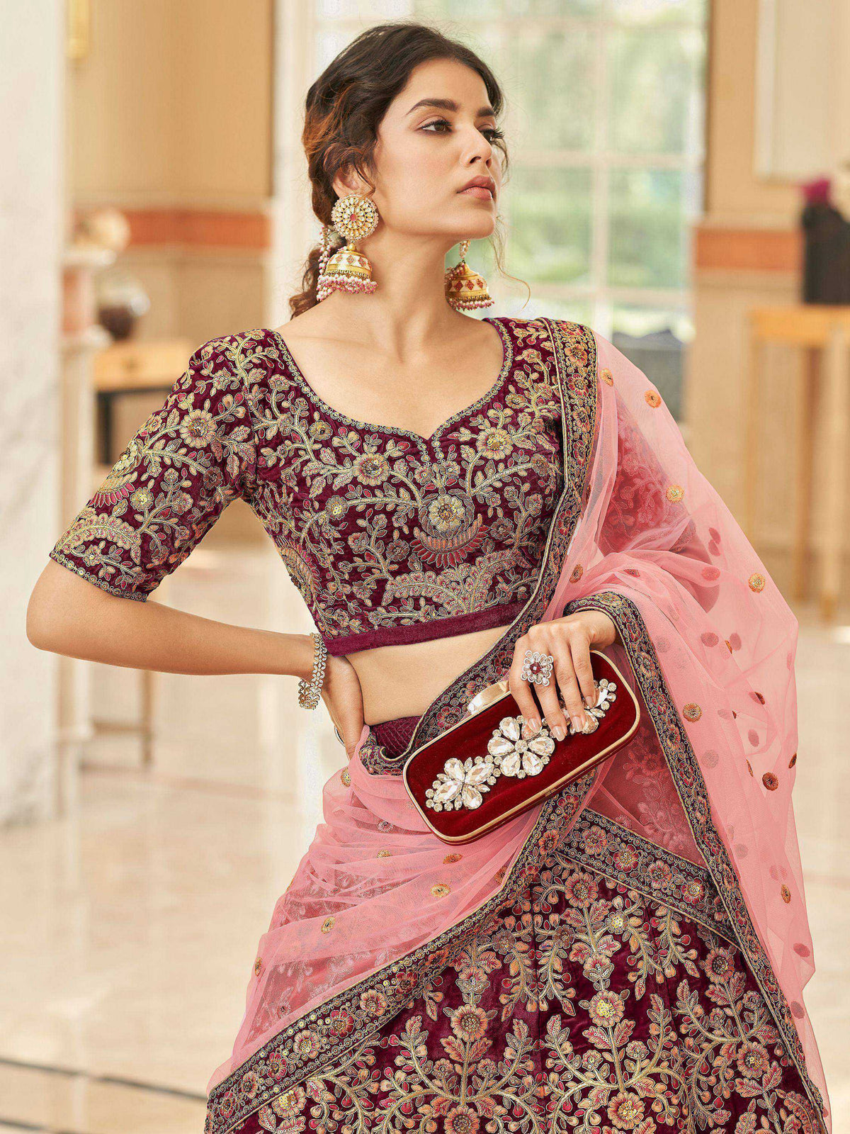Tulsi Art Incredible Maroon Embroidered Velvet Bridal Wear Lehenga Choli | Grocsy