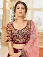 Tulsi Art Incredible Maroon Embroidered Velvet Bridal Wear Lehenga Choli | Grocsy