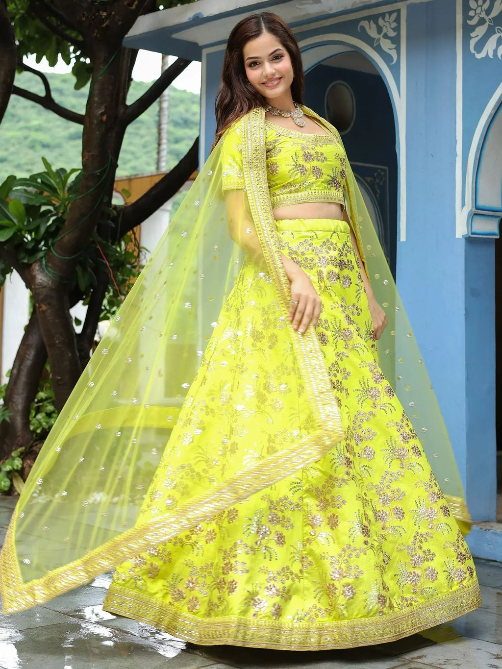 Tulsi Art Incredible Neon Embroidery Silk Event Wear Lehenga Choli With Dupatta | Grocsy