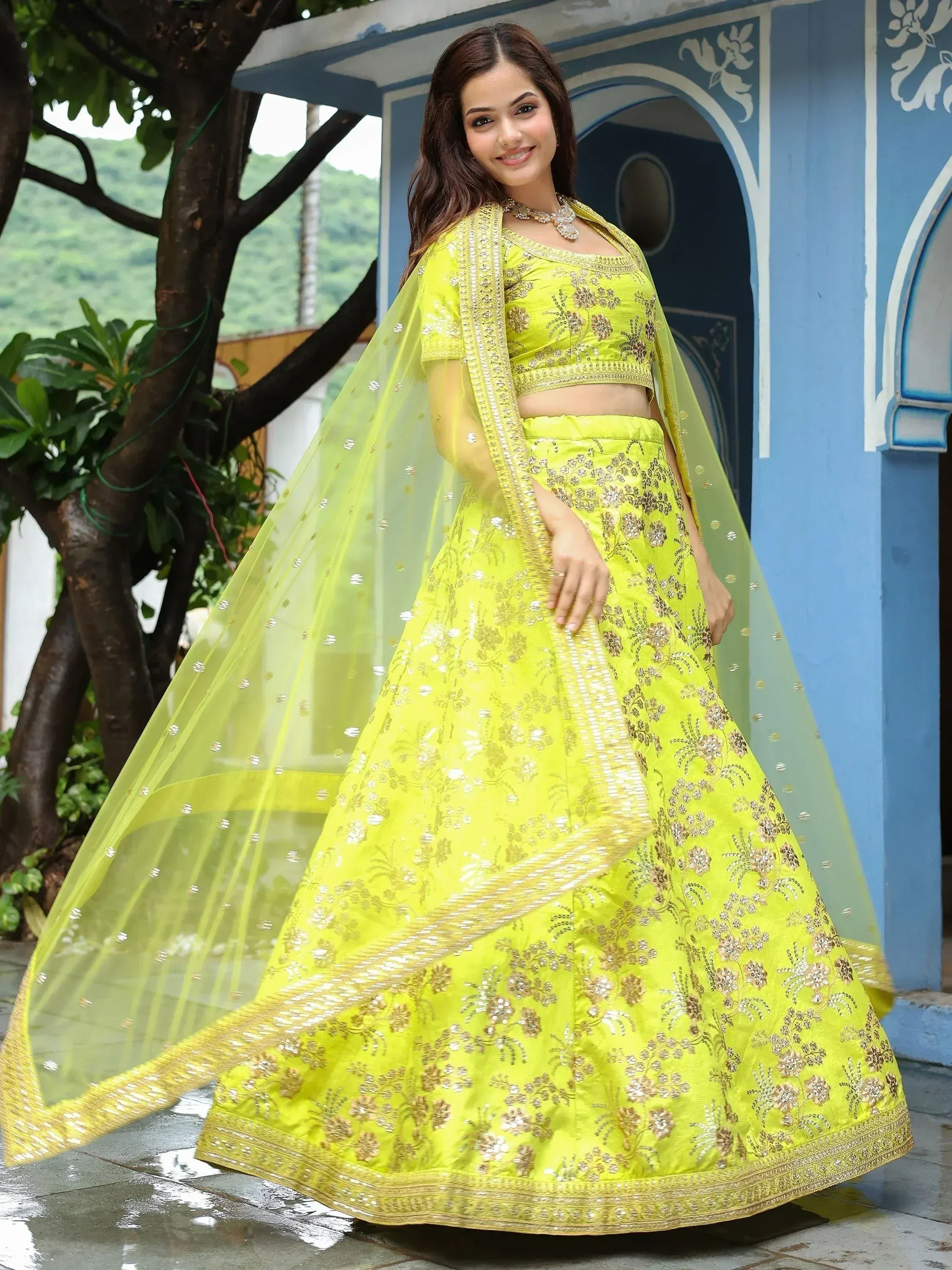 Tulsi Art Incredible Neon Embroidery Silk Event Wear Lehenga Choli With Dupatta | Grocsy