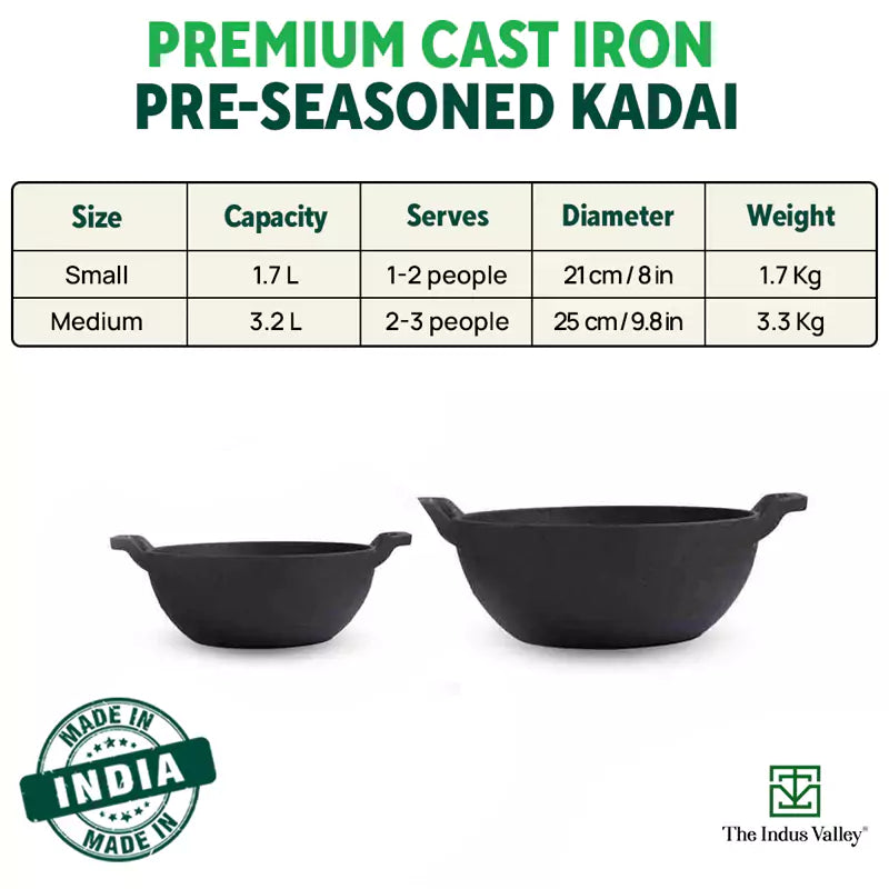 The Indus Valley CASTrong Cast Iron Kadai, Pre-seasoned, Nonstick, 100% Pure, Toxin-free, Induction, 21/25cm, 1.7L/3.3kg | Grocsy