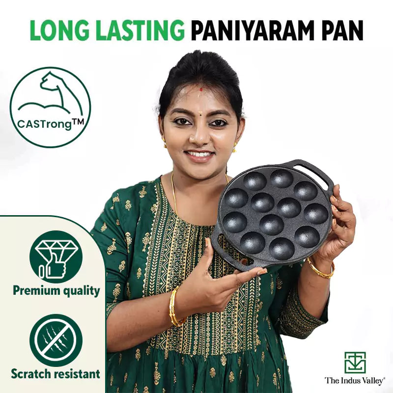 The Indus Valley 12 Pit/Cup CASTrong Cast Iron Kuzhi Paniyaram/Paddu Pan/Appe Maker, Pre-seasoned, 100% Pure, Toxin-free, Spatula, 21 cm, 2.2 kg | Grocsy