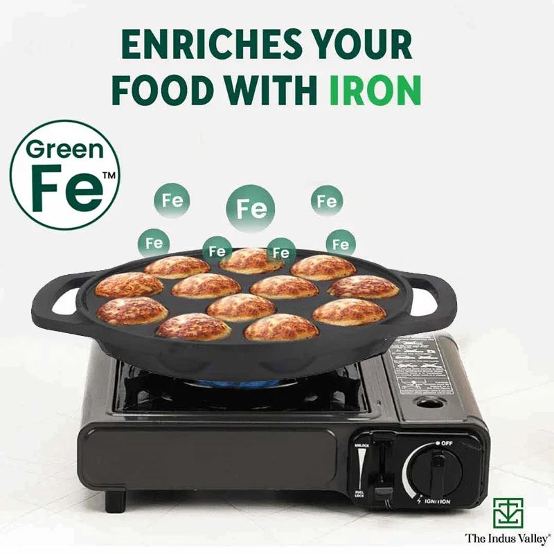The Indus Valley 12 Pit/Cup CASTrong Cast Iron Kuzhi Paniyaram/Paddu Pan/Appe Maker, Pre-seasoned, 100% Pure, Toxin-free, Spatula, 21 cm, 2.2 kg | Grocsy