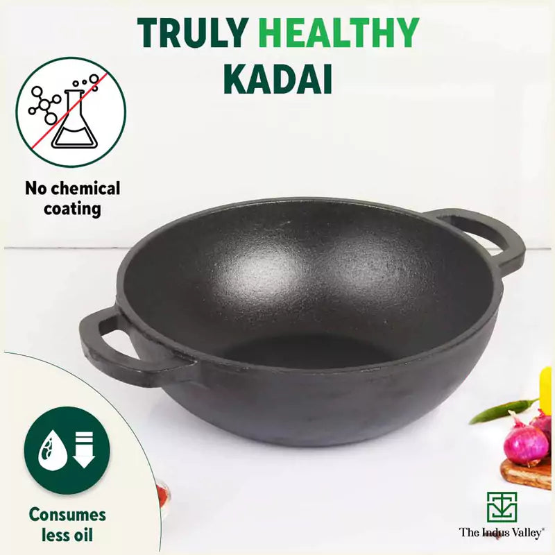 The Indus Valley CASTrong Cast Iron Kadai ,Pre-seasoned, Nonstick, 100% Pure, Toxin-free, Induction, Spatula, 25.4 cm, 2.3L, 2.5kg | Grocsy